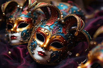 Colorful and ornate Venetian masks on display, representing the festive traditions of Italy's Carnival celebrations. Generative Ai.