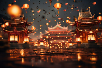 Fototapeta premium Traditional Chinese lanterns lighting up the night sky during a lantern festival, symbolizing the rich cultural heritage of China. Generative Ai.