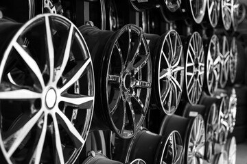 Rows of disks of various configurations in a shop window. Sale of disks and alloy wheels