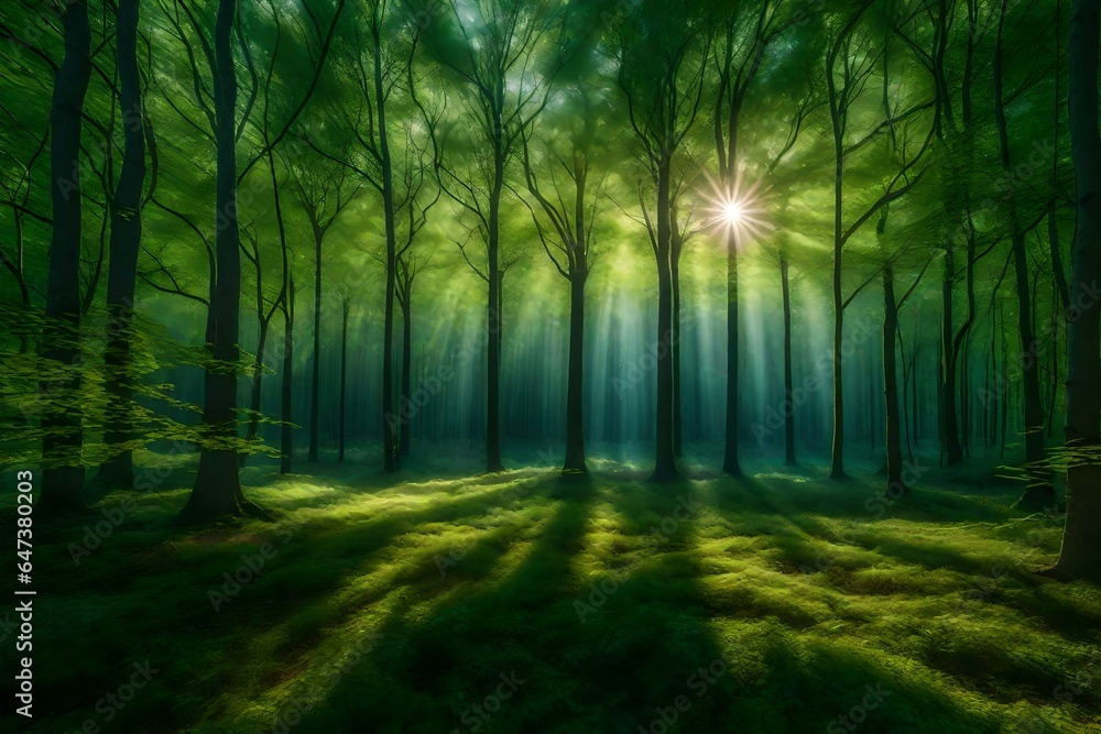 Poster an ultra-realistic image of a serene forest glade where trees are woven together with iridescent thr