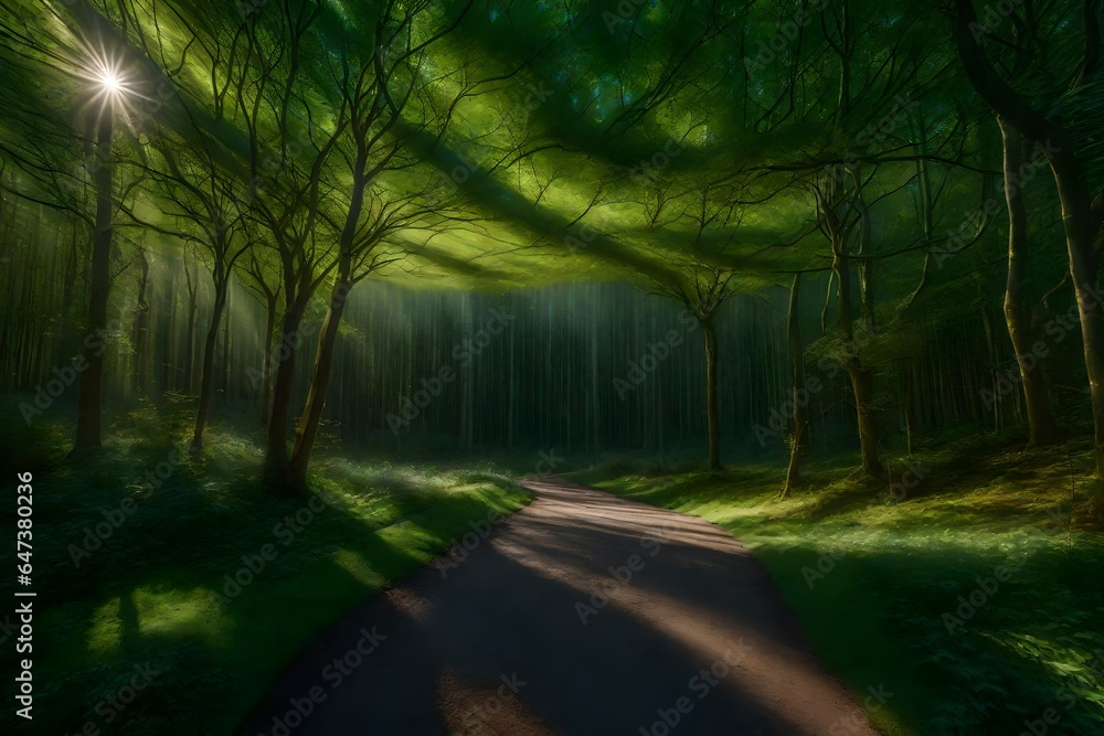 Poster an ultra-realistic image of a serene forest glade where trees are woven together with iridescent thr
