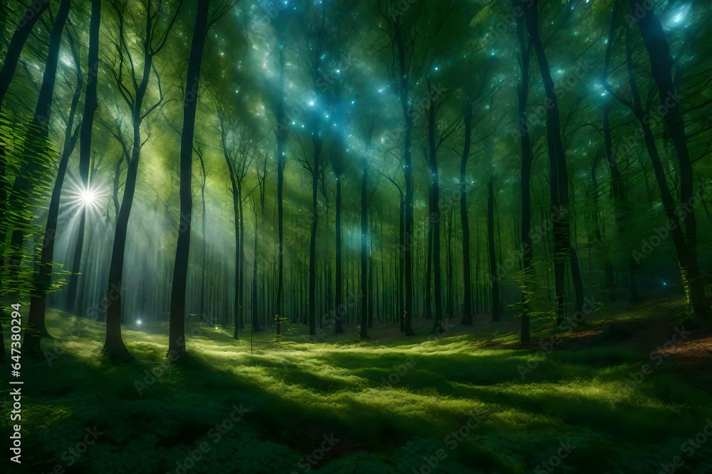 Poster an ultra-realistic image of a serene forest glade where trees are woven together with iridescent thr