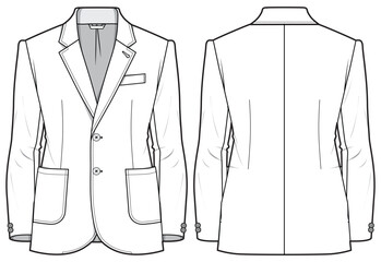 Men's notch lapel Blazer Jacket suit flat sketch fashion illustration technical drawing with front and back view. Single breast double button coat suit