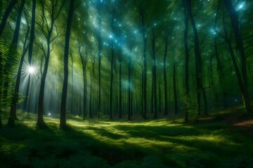 an ultra-realistic image of a serene forest glade where trees are woven together with iridescent threads of magic - AI Generative