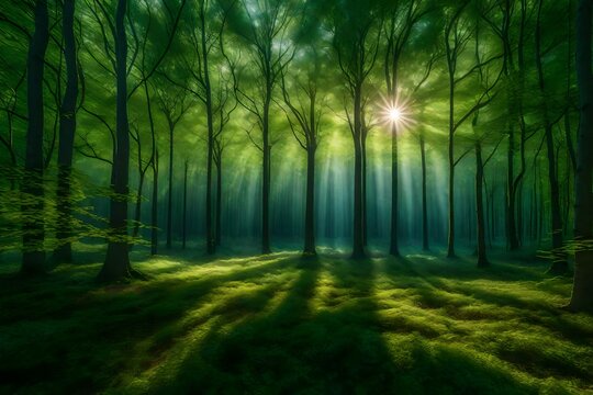 an ultra-realistic image of a serene forest glade where trees are woven together with iridescent threads of magic - AI Generative
