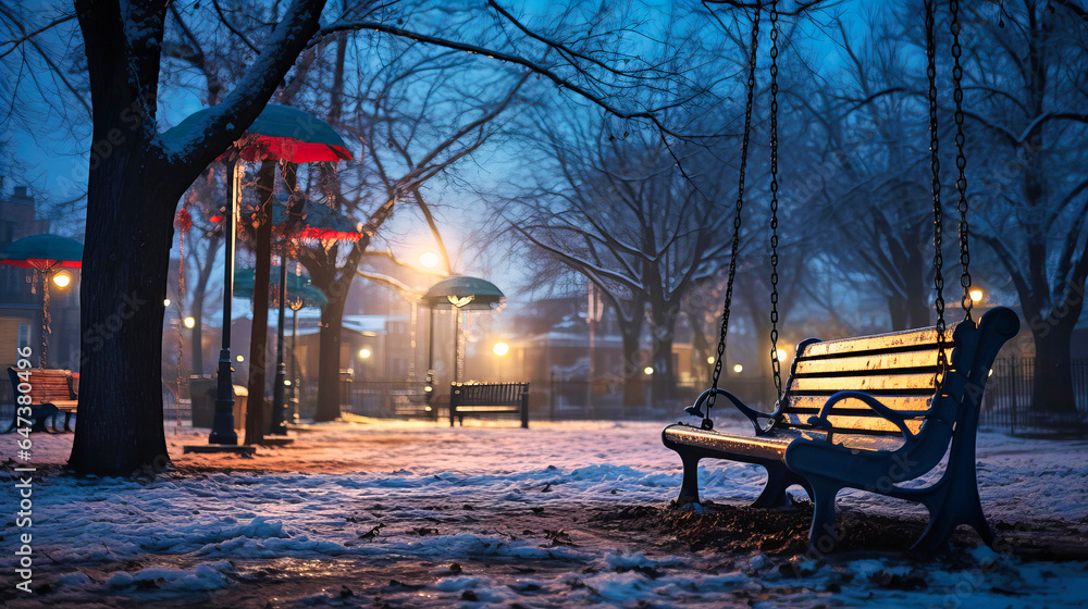 Poster snow dusting the empty swings of a playground,