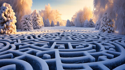 Snow-covered pathways of a hedge maze