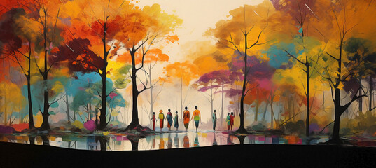 Colorful and diverse group of trees with different and unrecognizable people in a forest full of color in a panoramic shot with a wide angle of view. Concept: A tapestry woven with tree connections