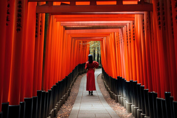 Fototapeta premium A person photographing the iconic red torii gates of a Shinto shrine in Japan, symbolizing the spiritual and cultural significance of the country. Generative Ai.