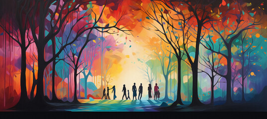 Colorful and diverse group of trees with different and unrecognizable people in a forest full of color in a panoramic shot with a wide angle of view. Concept: Diversity blooms in nature's canvas