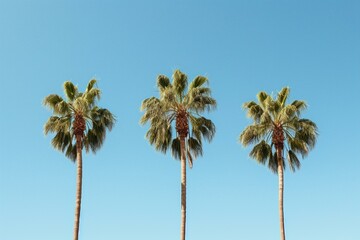 Four palm trees set against a sunny blue sky. Generative AI