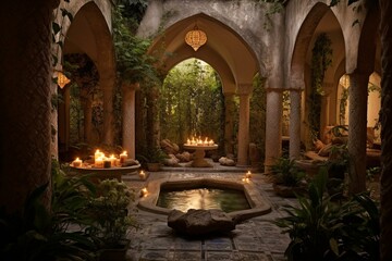Exotic Turkish bath adorned with plants, oriental arches, and lanterns. Generative AI