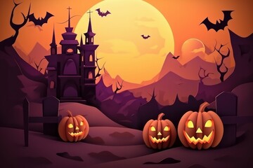 Halloween night background, halloween pumpkins and dark castle