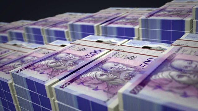 Jamaica money Jamaican Dollar banknote bundle growth up loop. JMD money stacks. Concept of cash pack, banking, travel, business, economy and finance. Loopable seamless 3d animation.