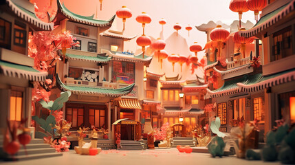 Fototapeta premium Paper art and craft design with Lunar New year festival with lamp in China town. Created using generative AI.