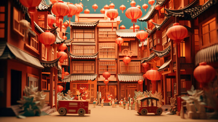 Abstract background China town in Lunar New year theme in paper art and craft design concept. Created using generative AI.