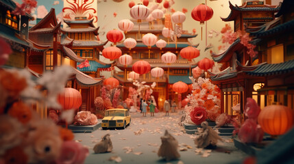 Lunar New year time in China town wallpaper in paper art and craft design concept and animation with lamp. Created using generative AI.
