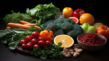 Fototapeta na wymiar clean healthy foods: fruit, vegetables, whole grains, superfoods, cereals, leaf vegetables