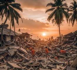 Earthquake tsunami disaster - Created with Generative AI Technology - obrazy, fototapety, plakaty