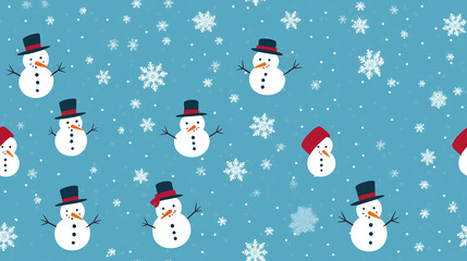 Christmas snowmen on a blue background, repeatable seamless pattern