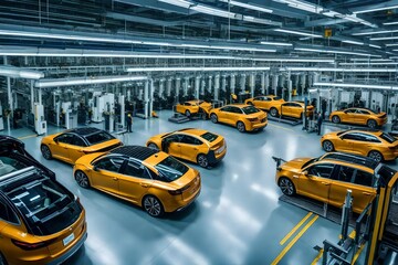 Factory Assembly Line: Yellow Cars in Various Stages of Production