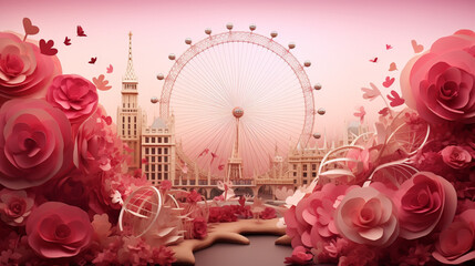 Paper art and craft design concept with Valentine's day with clear sky and decorate by rose in London eye. Created using generative AI. - obrazy, fototapety, plakaty