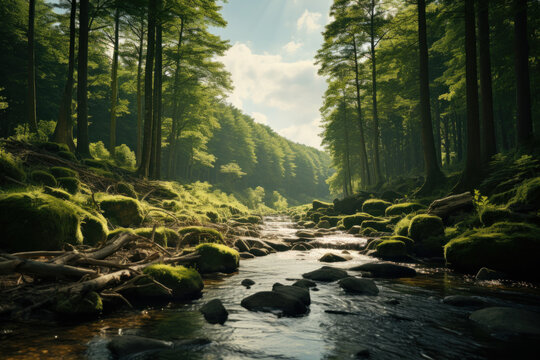 Sunlight filtering through a lush forest, highlighting the natural beauty and importance of preserving ecosystems. Generative Ai.
