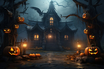 Fototapeta na wymiar Creepy witch house with pumpkin elements 3d rendering