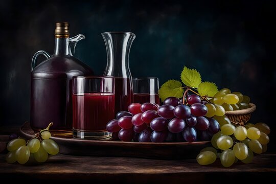 vintage style still life painting of Vintage fresh grapes juice glass, front angle, dark vintage style - AI Generative