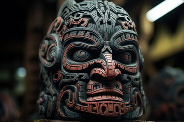 Fototapeta premium Traditional Maori carvings and artwork in New Zealand, illustrating the cultural identity and heritage of the indigenous Maori people. Generative Ai.