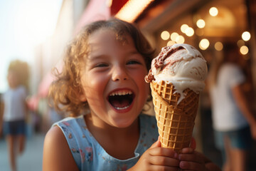 Child's face beaming with delight as they enjoy an ice cream cone on a hot summer day. Generative Ai.