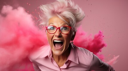 Happy old woman with grey hair and on a pink background with pink steam