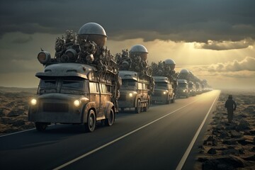 Fototapeta na wymiar A group of vehicles traveling together on a road. Generative AI
