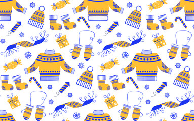 New Year pattern from winter clothes in flat style. Vector background with Christmas elements. For printing on packaging paper, fabric.