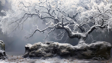 Ice weaving a tapestry on the gnarled boughs of an old apple tree