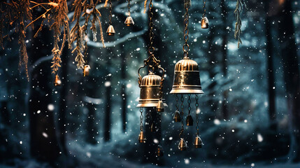 Snow muffling the melodic notes of a garden wind chime, - obrazy, fototapety, plakaty