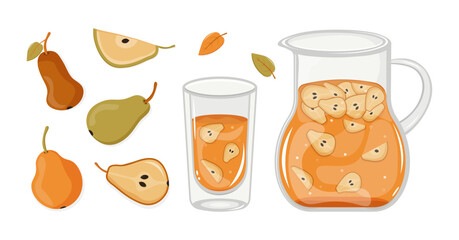 Pear compote of ripe pears in a decanter. Homemade canned pear compote in glass. Pear drink. Canned fruit. Fruit conservation. Cartoon ctyle. Farmer Market Branding. Organic food template. Eco