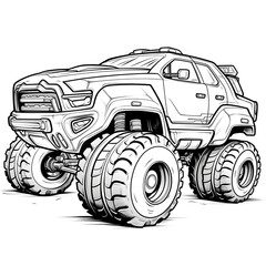Outline drawing of Cartoon futuristic monster truck car concept, car coloring page line art, vehicle from side and front view. Vector doodle illustration, design for coloring book or print