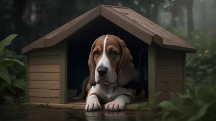 Basset hound in his dog house in the back yard on a rainy day looking sad