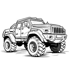 Outline drawing of Cartoon military monster truck car concept, army car coloring page line art, army vehicle from side and front view. Vector doodle illustration, design for coloring book or print