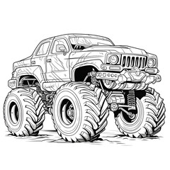 Outline drawing of Cartoon monster truck car concept, car coloring page line art, monster vehicle from side and front view. Vector doodle illustration, design for coloring book or print