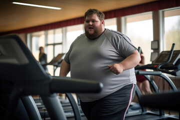 Fototapeta na wymiar Obese Male Running on Treadmill in Sportswear