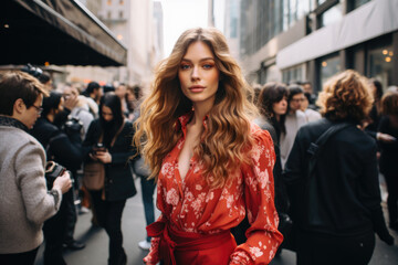 Fototapeta premium Fashion photographer capturing street style during a bustling fashion week event. Generative Ai.