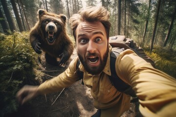Man running away from scary bear in forest