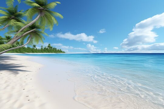 Tropical beach with white background. Sand rendered in 3D, transparent PNG. Summer atmosphere. Generative AI © Koda