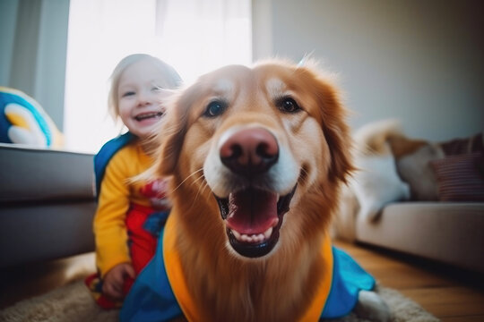 Indoor Superheroes: Boy and Dog in Costume