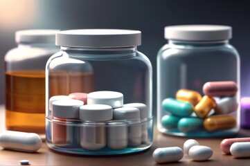 Pills or meds in blisters and jars. Concept of medication, medicament, medicine, pharmaceutical drug, medical treatment, pharmacology