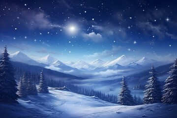 Fototapeta na wymiar Enchanting snowy landscape under a starry sky. Generative AI