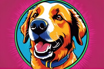 Bright drawing of dog, golden retriever, on T-shirt on dark background. Satirical, pop art style, vibrant colors, iconic characters, action-packed, suitable for mascot, logo or reproduce on canvas