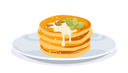 Healthy breakfast pancakes concept. Dessert and delicacy. Proper nutrition and eating. Sticker for social networks and messengers. Cartoon flat vector illustration isolated on white background